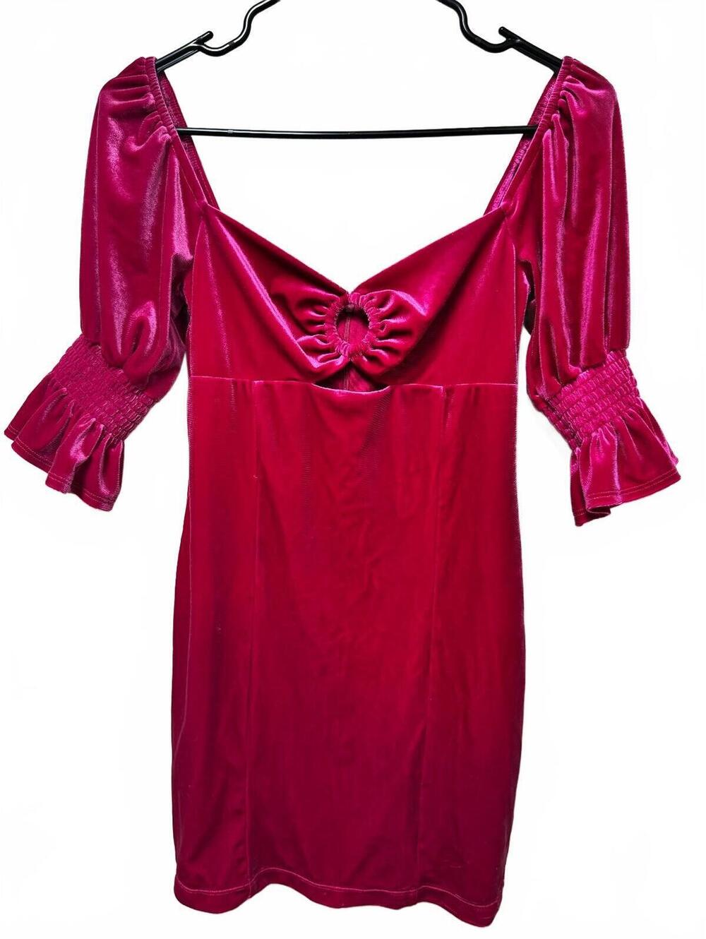 Forever 21 Hot Pink Velvet Keyhole O-Ring Smocked Sleeve Mini Dress Size S